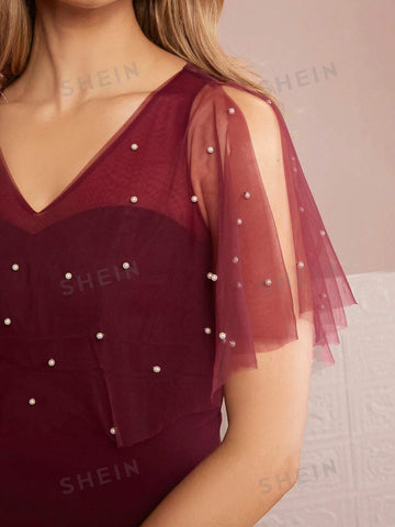 Pearls Beaded Mesh Sleeve Bridesmaid Dress