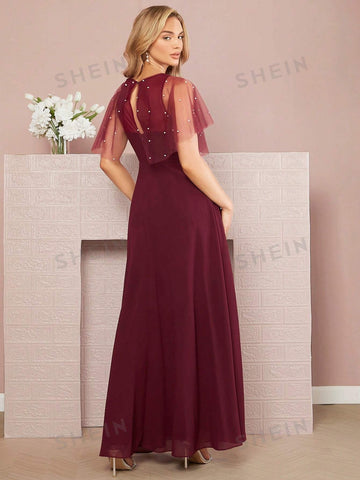 Pearls Beaded Mesh Sleeve Bridesmaid Dress