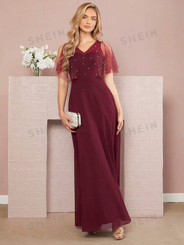 Pearls Beaded Mesh Sleeve Bridesmaid Dress