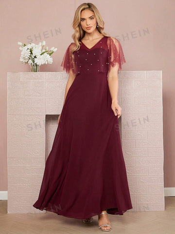 Pearls Beaded Mesh Sleeve Bridesmaid Dress