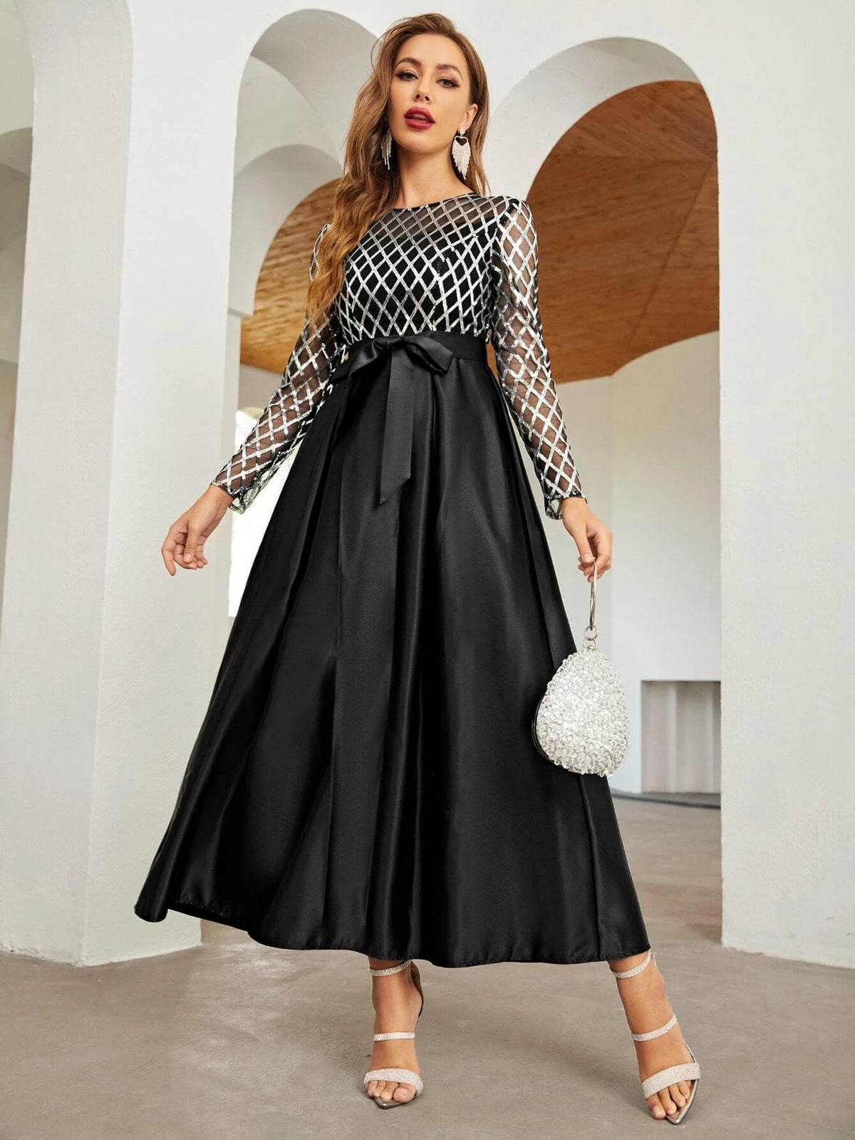 Plaid Print Self Belted Prom Dress