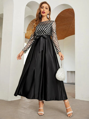 Plaid Print Self Belted Prom Dress