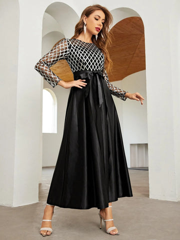 Plaid Print Self Belted Prom Dress