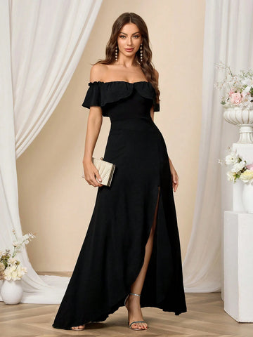 Plain Off-Shoulder High Slit Bridesmaid Dress