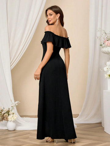 Plain Off-Shoulder High Slit Bridesmaid Dress