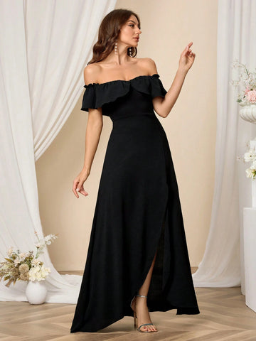 Plain Off-Shoulder High Slit Bridesmaid Dress