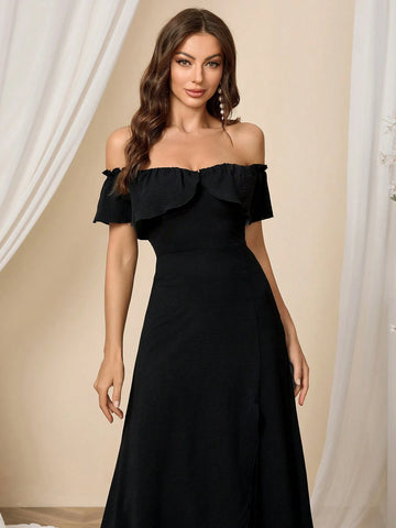Plain Off-Shoulder High Slit Bridesmaid Dress