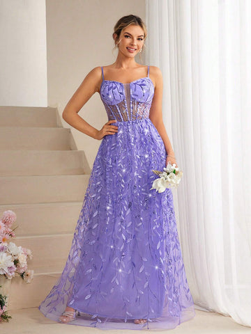 Plant Glitter Mesh Sheer Sexy A-Line Halter Bridesmaid Dress With High Slit