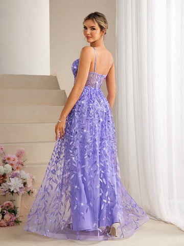 Plant Glitter Mesh Sheer Sexy A-Line Halter Bridesmaid Dress With High Slit