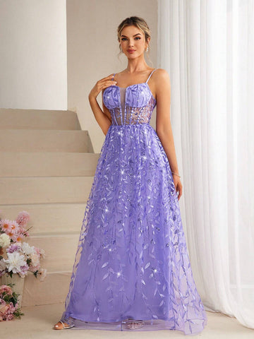 Plant Glitter Mesh Sheer Sexy A-Line Halter Bridesmaid Dress With High Slit