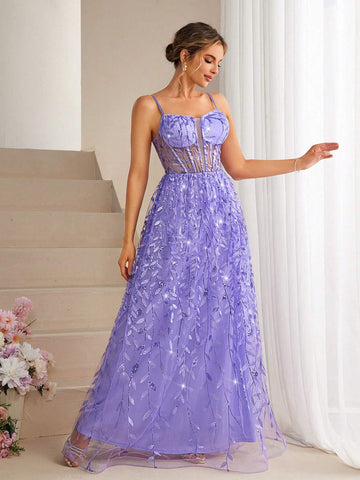 Plant Glitter Mesh Sheer Sexy A-Line Halter Bridesmaid Dress With High Slit