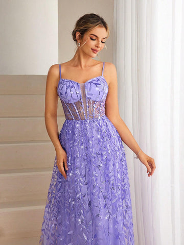 Plant Glitter Mesh Sheer Sexy A-Line Halter Bridesmaid Dress With High Slit