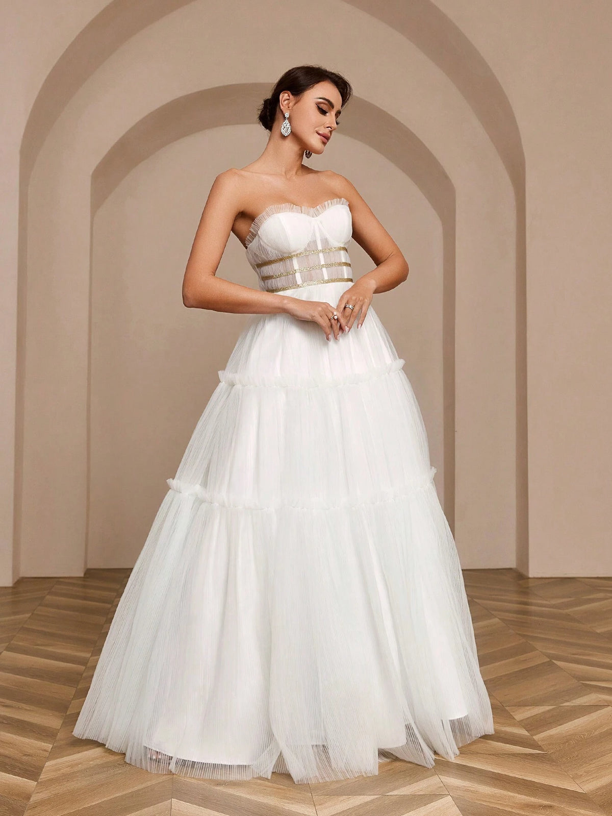 Pleated A-Line Skirt With Gold Ribbon Decoration, Net Strapless Wedding Dress