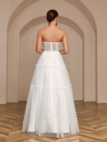 Pleated A-Line Skirt With Gold Ribbon Decoration, Net Strapless Wedding Dress