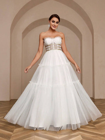 Pleated A-Line Skirt With Gold Ribbon Decoration, Net Strapless Wedding Dress