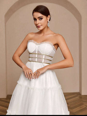 Pleated A-Line Skirt With Gold Ribbon Decoration, Net Strapless Wedding Dress