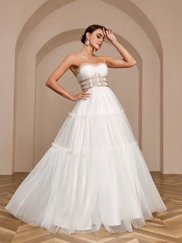 Pleated A-Line Skirt With Gold Ribbon Decoration, Net Strapless Wedding Dress