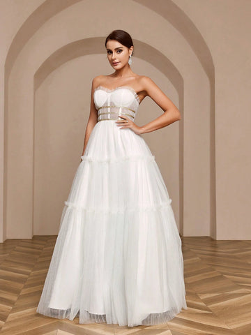 Pleated A-Line Skirt With Gold Ribbon Decoration, Net Strapless Wedding Dress