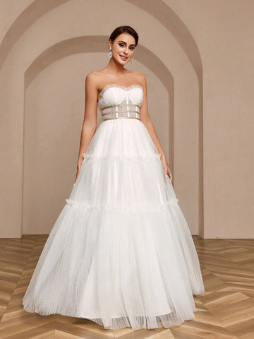 Pleated A-Line Skirt With Gold Ribbon Decoration, Net Strapless Wedding Dress