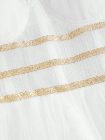 Pleated A-Line Skirt With Gold Ribbon Decoration, Net Strapless Wedding Dress