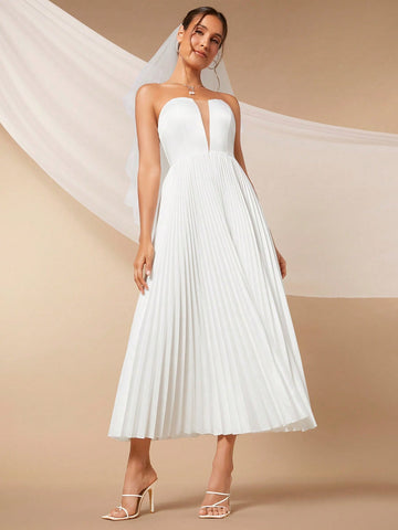Pleated Hem Tube Wedding Dress Without Vei