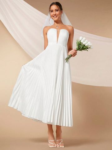 Pleated Hem Tube Wedding Dress Without Vei