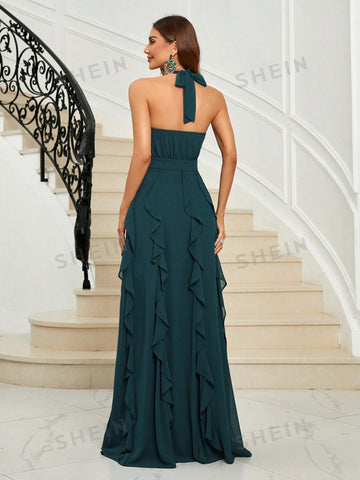 Plunging Neck Backless Ruffle Trim Split Thigh Chiffon Bridesmaid Dress