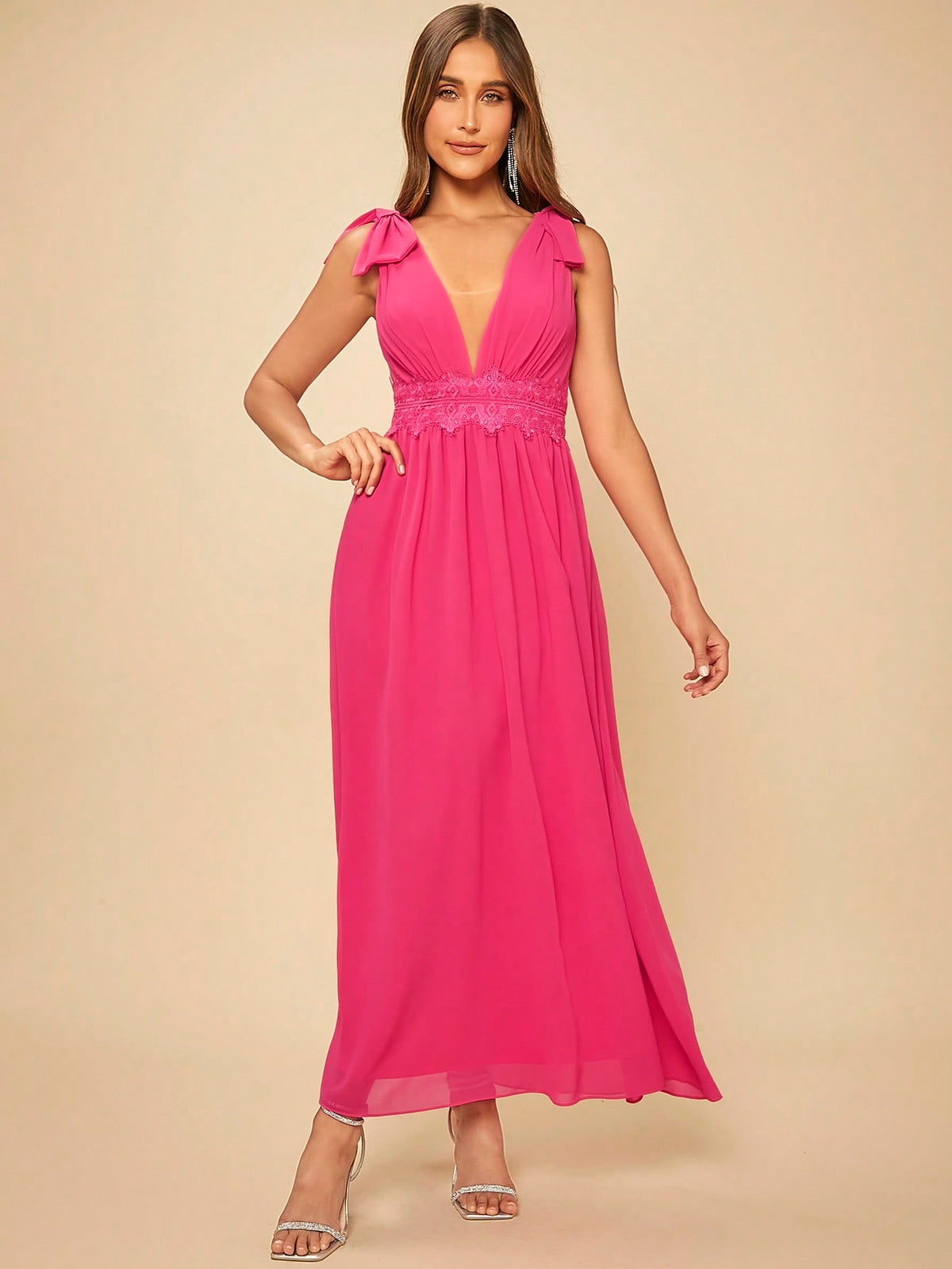 Plunging Neck Bow Shoulder Backless Bridesmaid Dress
