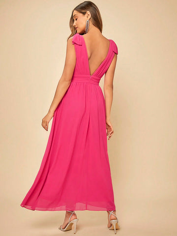 Plunging Neck Bow Shoulder Backless Bridesmaid Dress