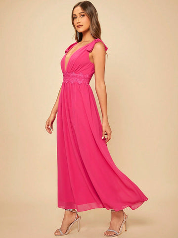 Plunging Neck Bow Shoulder Backless Bridesmaid Dress