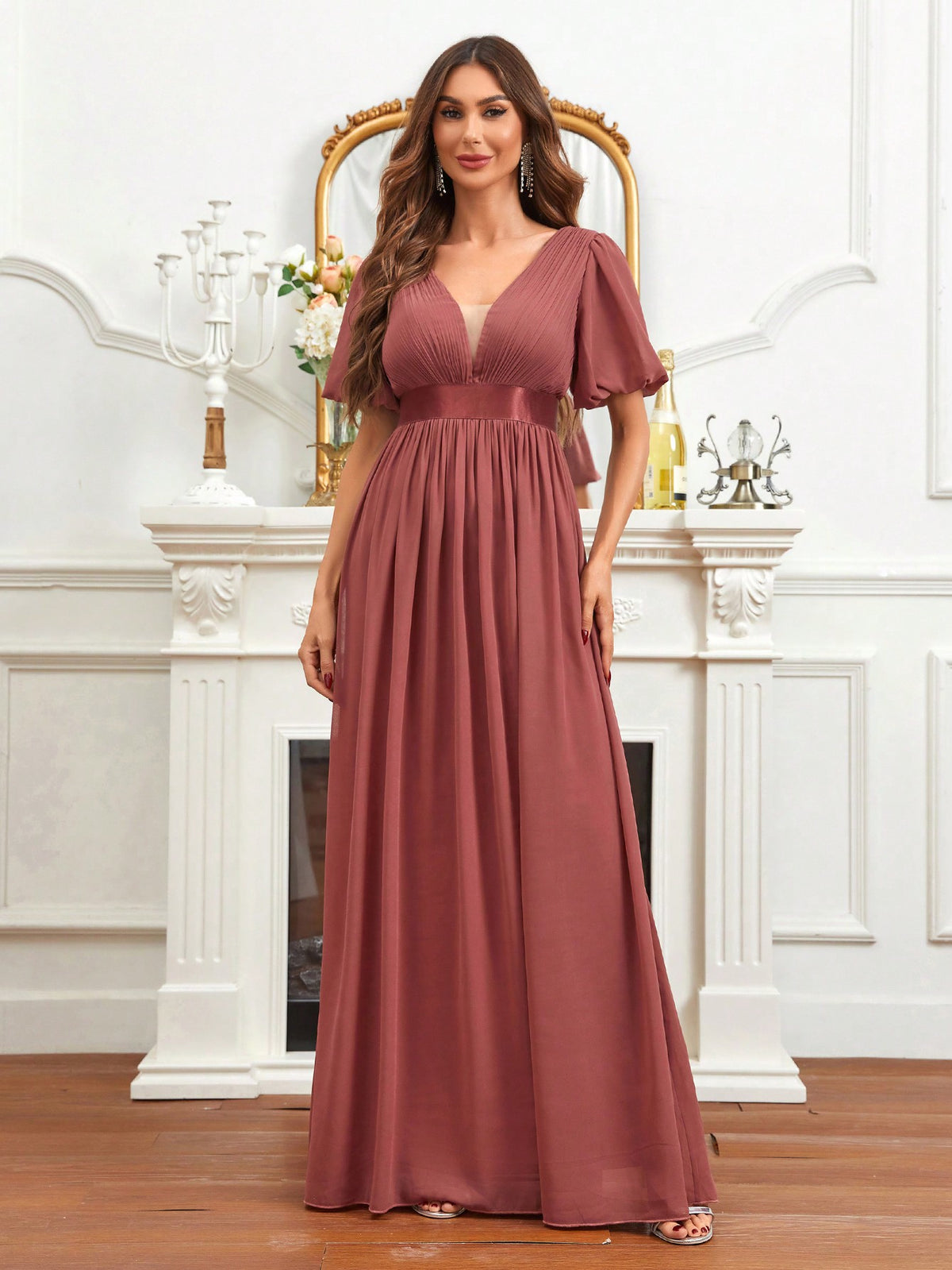 Plunging Neck Butterfly Sleeve Bridesmaid Dress