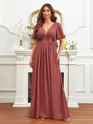 Plunging Neck Butterfly Sleeve Bridesmaid Dress