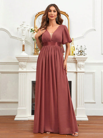 Plunging Neck Butterfly Sleeve Bridesmaid Dress