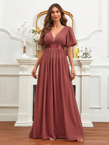 Plunging Neck Butterfly Sleeve Bridesmaid Dress