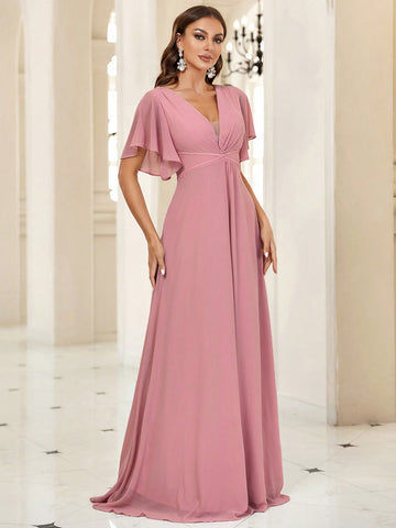 Belle Plunging Neck Butterfly Sleeve Bridesmaid Dress