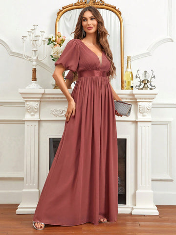 Plunging Neck Butterfly Sleeve Bridesmaid Dress