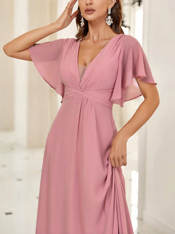 Belle Plunging Neck Butterfly Sleeve Bridesmaid Dress