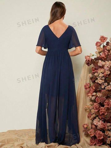 Plunging Neck Butterfly Sleeve High Low Hem Bridesmaid Dres