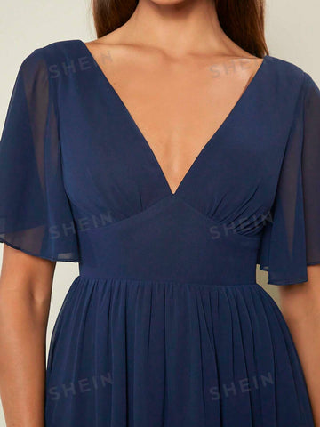 Plunging Neck Butterfly Sleeve High Low Hem Bridesmaid Dres