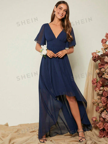 Plunging Neck Butterfly Sleeve High Low Hem Bridesmaid Dres