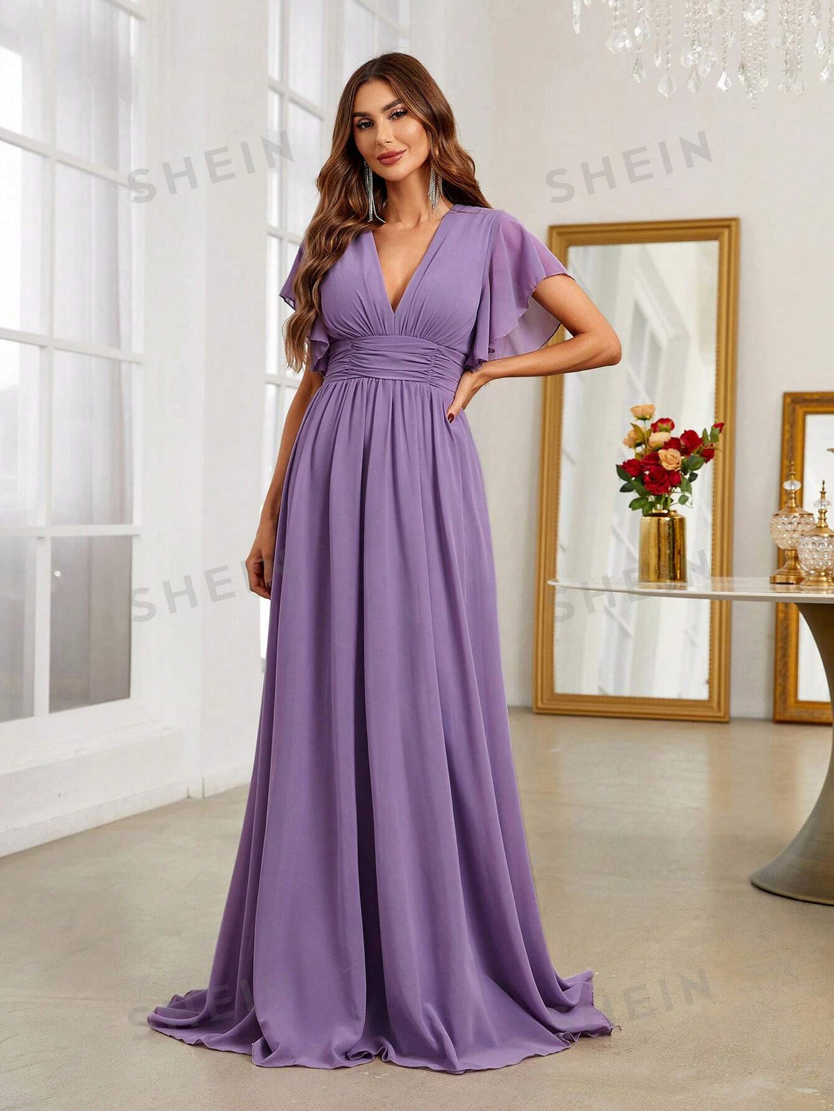 Plunging Neck Butterfly Sleeve Maxi Chiffon Bridesmaid Dress