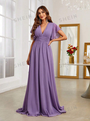 Plunging Neck Butterfly Sleeve Maxi Chiffon Bridesmaid Dress
