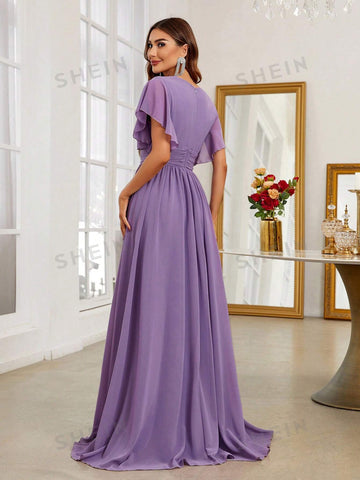 Plunging Neck Butterfly Sleeve Maxi Chiffon Bridesmaid Dress