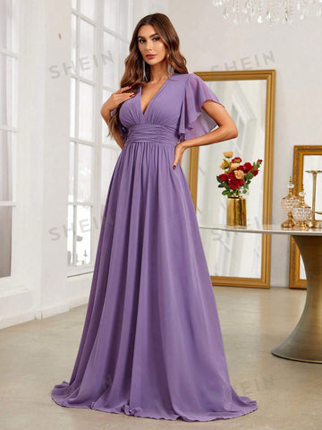 Plunging Neck Butterfly Sleeve Maxi Chiffon Bridesmaid Dress