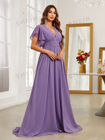 Plunging Neck Butterfly Sleeve Maxi Chiffon Bridesmaid Dress