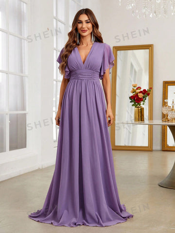 Plunging Neck Butterfly Sleeve Maxi Chiffon Bridesmaid Dress