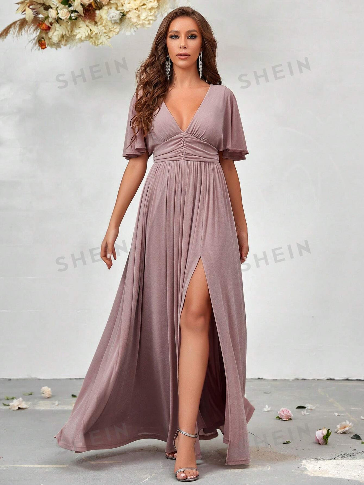 Plunging Neck Butterfly Sleeve Split Thigh Bridesmaid Dress