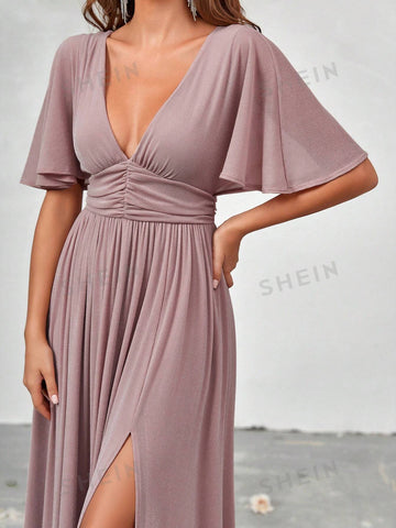 Plunging Neck Butterfly Sleeve Split Thigh Bridesmaid Dress