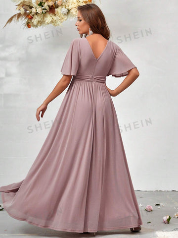 Plunging Neck Butterfly Sleeve Split Thigh Bridesmaid Dress