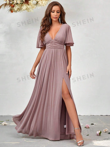 Plunging Neck Butterfly Sleeve Split Thigh Bridesmaid Dress
